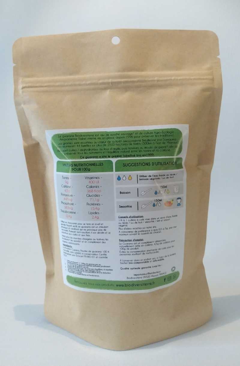 400g de poudre de Guarana Bio de souche sauvage, AEA certifié Biologique certifié par Ecocert